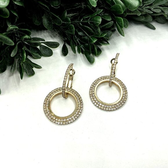 Gold Tone  Rhinestone Open Circle Leverback Drop Earrings Elegant Jewelry - Picture 3 of 9